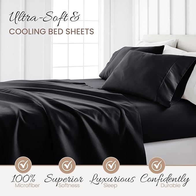 Linen Market Brushed Microfiber Queen Sheet Set 4 Piece – Oeko-TEX Certified Ultra Soft & Wrinkle-Free - 16" Deep Pocket Sheets - Easy Care Queen Size - Black