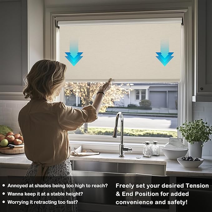 HESTIA No Drill Cordless Blackout Roller Shades Screwless Waterproof Shower Window Blinds, Auto-Retraction Easy Install Blind for Bedroom/Living Room/Kitchen, Cream Linen, 57" W x 72" H