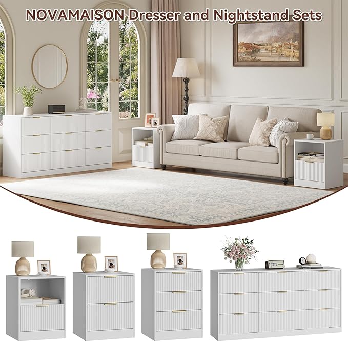 9 Drawer Dresser & Nightstand Set 3-Piece, 63” Wide Bedroom Set Night Stand Set of 2 with Metal Handle, Fluted Modern Wood Chest of Drawers Storage Dressers Set for Bedroom, White