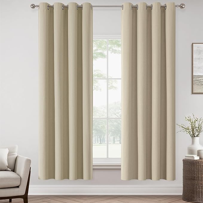 ChrisDowa 100% Blackout Tan Solid Curtains 72 Inches Long 2 Panels for Bedroom Living Room,Farmhouse Room Darkening Thermal Insulated Soundproof Grommet Top Window Treatment Drapes,52x72
