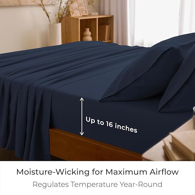 Mellanni Twin Sheet Set - 4-Piece Iconic Collection Bedding, (Including 2 Pillowcases), 16-Inch Deep Pocket, Easy Care, Extra Soft, Cooling Sheets, Brushed Microfiber - Navy Blue