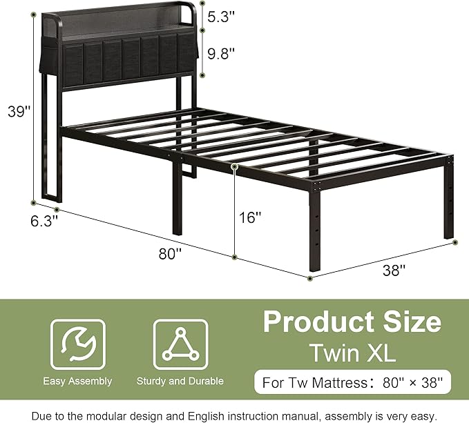 16 Inch Twin XL Bed Frames with Storage Headboard, Modern Design Metal XL Twin Bed Frame No Box Spring Needed, Easy Assembly, Black