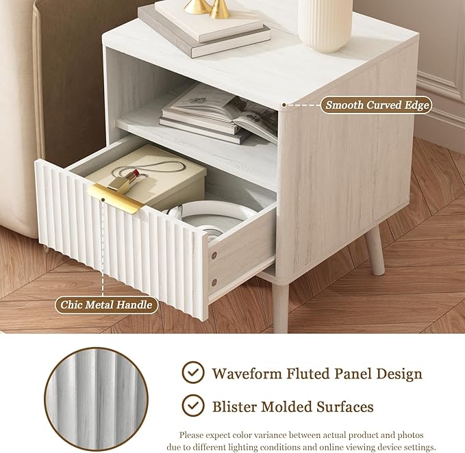CARPETNAL Fluted Nightstand, White Bedside Table with Drawer and Storage Shelf, Wood End Table Mid Century Night Stands for Bedroom Living Room