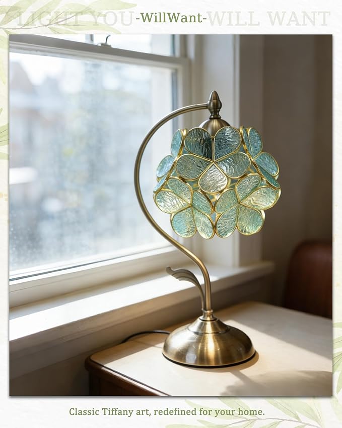 Tiffany Style Flower Table Lamp, Vintage Cherry Blossom Stained Glass Lamp with Brass Base for Bedroom Bedside Home Decor, Vintage Mint (Blue-Green)