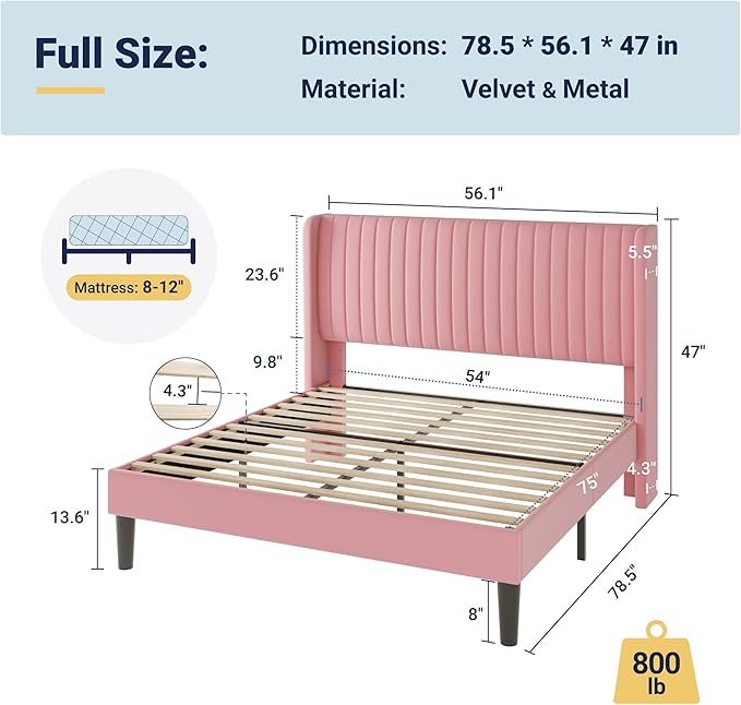 Allewie Full Size Velvet Bed Frame/Vertical Channel Tufted Wingback Headboard/Upholstered Platform Bed/Strong Wooden Slats/No Box Spring Needed/Easy Assembly/Pink