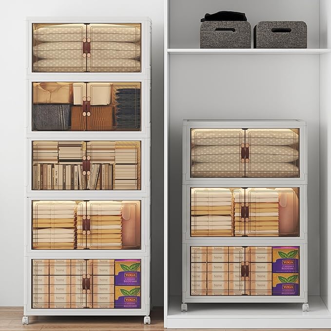 960Qt Stackable Storage Bins with Lids, 8 Pack Large Collapsible Bins with Wheels, Plastic Cabinet with Doors, Foldable Closet Organizers and Storage for Home, Dorm, Office, White