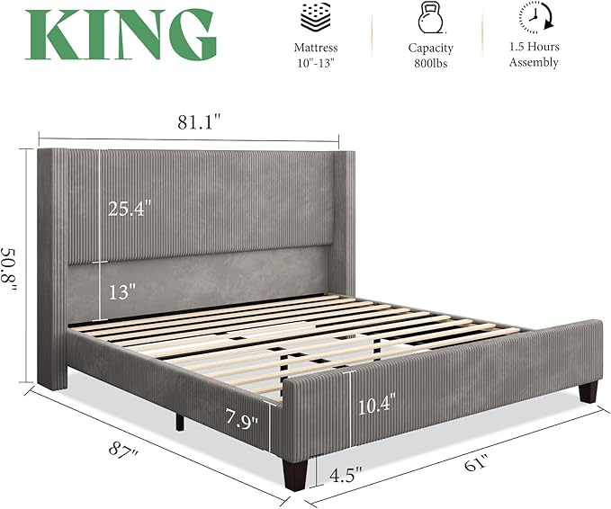 AMERLIFE King Size Upholstered Bed Frame with 50.8" Tall Headboard, Wingback Platform Bed with Solid Wood Legs, Wooden Slats, Corduroy/No Box Spring Needed/Noise Free/Greige