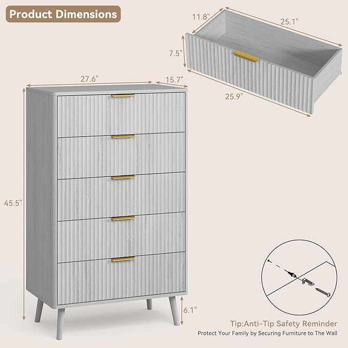 CARPETNAL Fluted 5 Drawers Dresser for Bedroom, 45" Tall Wooden Chest of Drawers with Rounded Corners, Gold Handles, Modern Storage Organizer for Bedroom, Hallway (White)