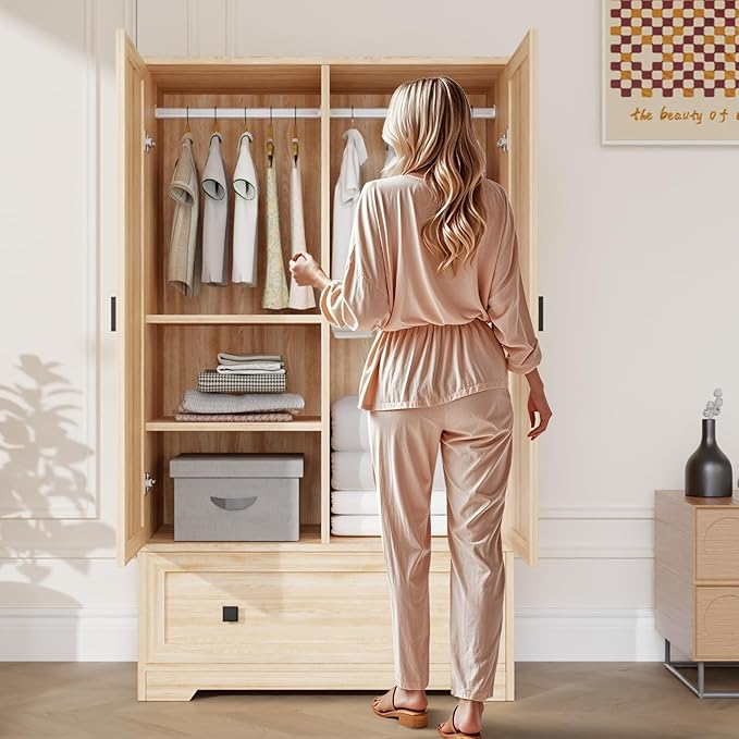 VINGLI Armoire Wardrobe Closet With Doors, Hanging Rod, Shelves and Drawer - Freestanding Cabinet for Bedroom, Dorm - Oak, 38" W x 21" D x 65" H