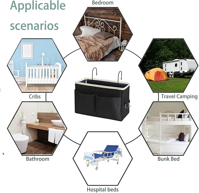 Someteth Bedside Caddy Bedside Hanging Storage Basket Multi-Function Organizer Caddy for Bunk and Hospital Beds Dorm Rooms Bed Rails, Can be Placed Glasses Books Mobile Phones（Black）
