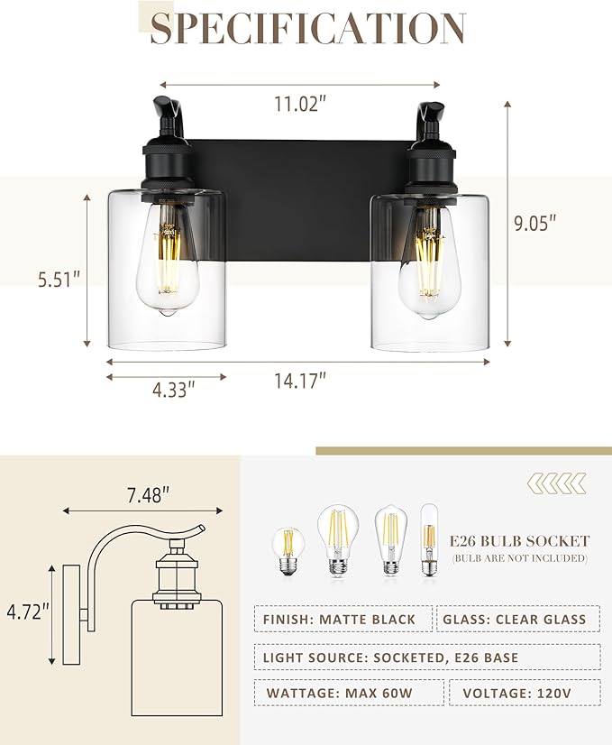 2-Light Black Bathroom Light Fixture Over Mirror, Modern Vanity Light, Clear Glass Wall Sconce, VL01BK-2
