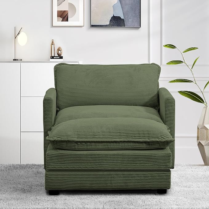ROWHY Single Armchair with Ottoman, Modern Corduroy Cloud Couch with Convertible Chaise, Upholstered Sofa Set for Living Room, Green