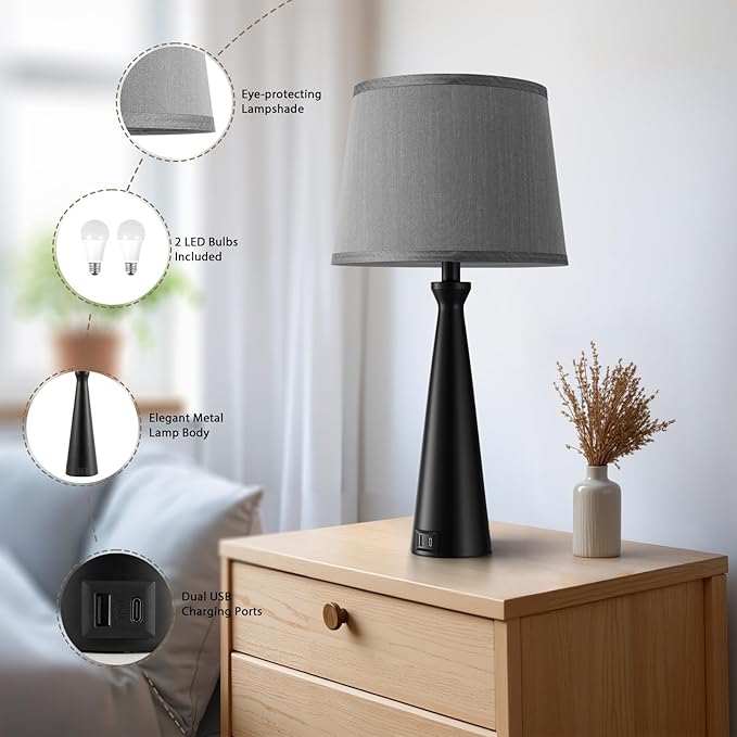 Seealle Modern Table Lamps Set of 2 - Touch Bedside Lamp for Nightstand with Dual USB C+A,3-Way Dimmable Black Nightstand Lamps for Living Room Bedroom End Table with Grey Shade(Bulb Included)
