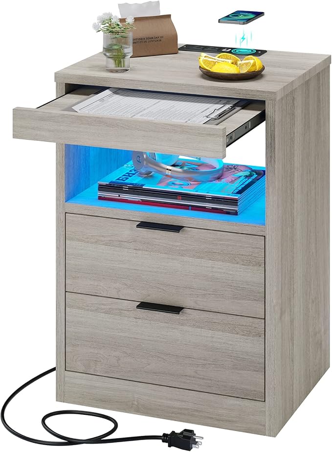 Tiptiper LED Nightstand with Wireless Charging Station, Farmhouse Nightstand with LED Light, Rustic End Table Side Table with Drawers, Pull-Out Tray and Open Storage, Grey Wood Grain
