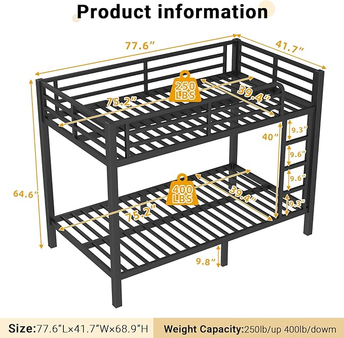 Twin Over Twin Bunk Bed Frame, Heavy Duty Metal Loft Bed for Adults/Teens, 250/400LB Capacity w/Ladder & Guardrail, Noise-Free Steel Slats, No Box Spring Required, Black