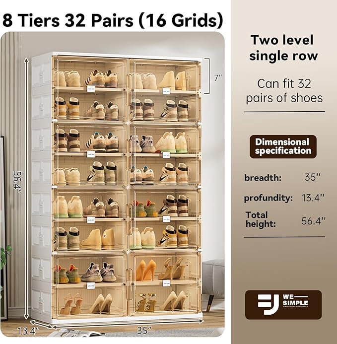32 Pairs Shoes Storage Cabinet of 3-Step Fast Installation,Plastic Shoe Rack with Clear Magnetic Door for Display, Shoe Organizer for Sneaker, Sandals, Heels (2 Row, 8 Tier)
