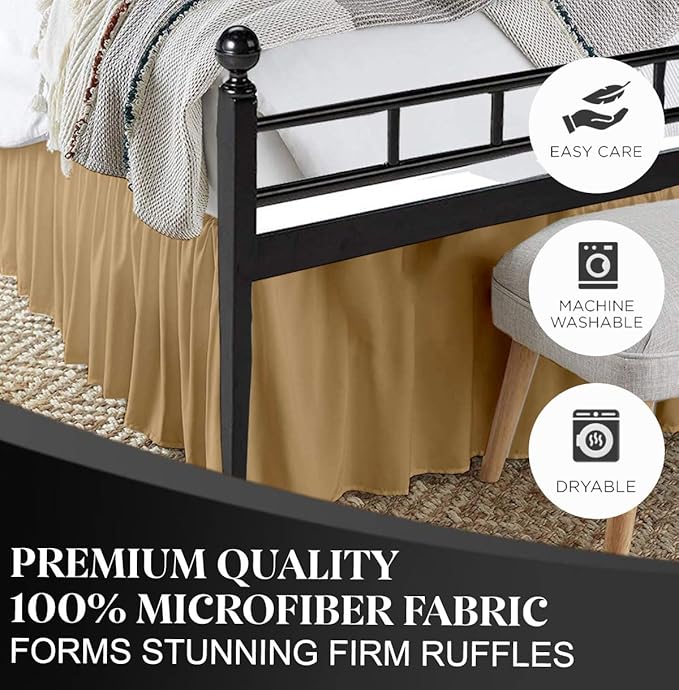 Ruffled Bed Skirt with Split Corners, Taupe, Queen 18 Inch Drop Bedskirt, Hotel Quality Brushed Microfiber Wrinkle Free Dust Ruffle Bed Skirt Queen Size