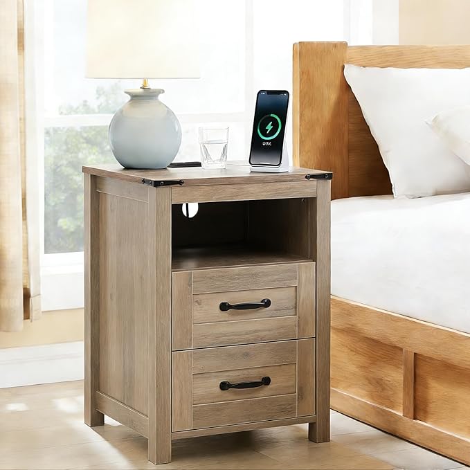 Puntogen Sierra Night Stand Set of 2, Rustic End Table with Charging Station, Farmhouse Tall Nightstand for Bedroom, Drawer Dresser Bedside Table with Open Storage Shelf