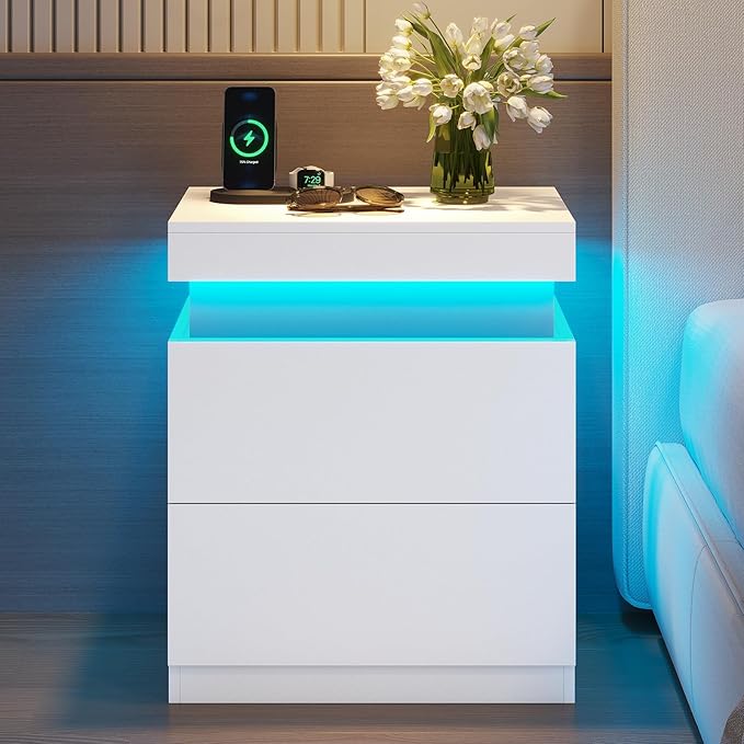 ADORNEVE White Nightstand Set of 2,Night Stand with Charging Station & LED Light & Sliding Top,Bedside Table with Drawers,Modern Bed Side Tables Bedroom