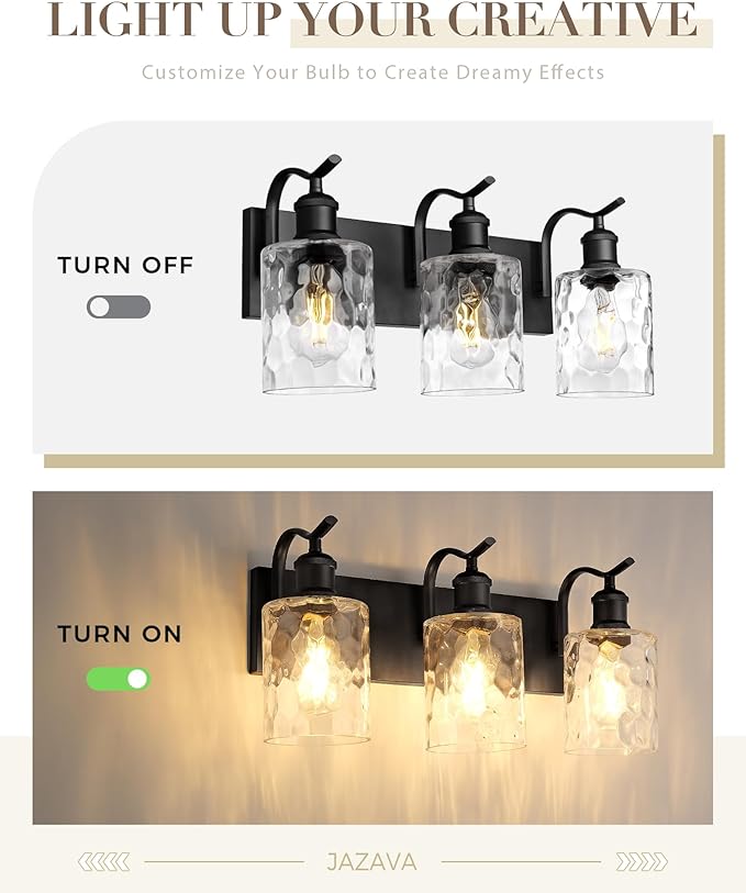 Bathroom Vanity Light Fixtures Over Mirror 3-Light Hammered Glass Wall Mounted Modern Black - VL01BKH-3