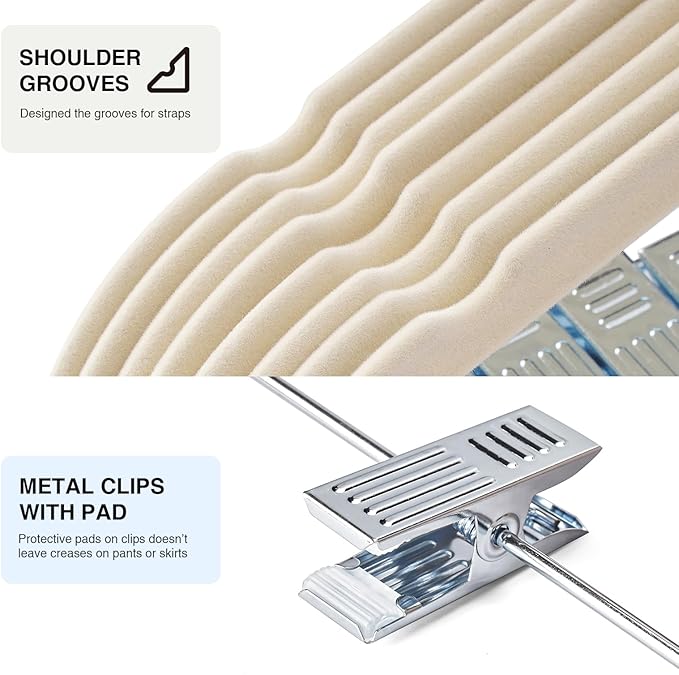 36-Pack Beige Velvet Hangers with Clips Adjustable,Adult Hangers,Heavy-Duty,Felt,Non-Slip,Space Saving,Slim Outfit Hanger for Pants, Skirts, Suits,Coats, Dresses ect.