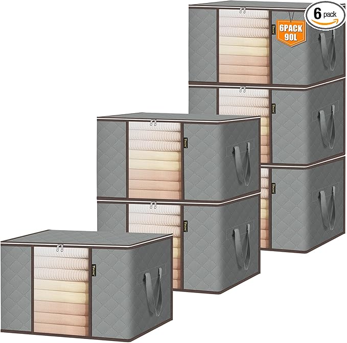 BALEINE 6 Pack Clothes Storage Bags, 24 Gallon Storage Containers with Reinforced Handle, Sturdy Zipper, Closet Organizer for Blanket, Comforter, Pillow, Bedding (Grey, 6 Pack)