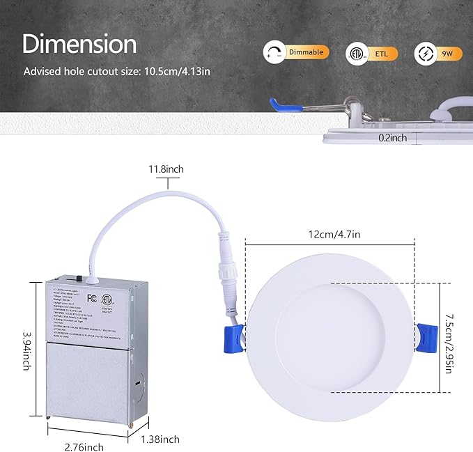 CycevSun Pot Lights LED 4 Inch Recessed Lights with Night Light Mode, Dimmable & 2700K/3000K/3500K/4000K/5000K Selectable, 9W, cETL, White, IC Rated, 12 Pack
