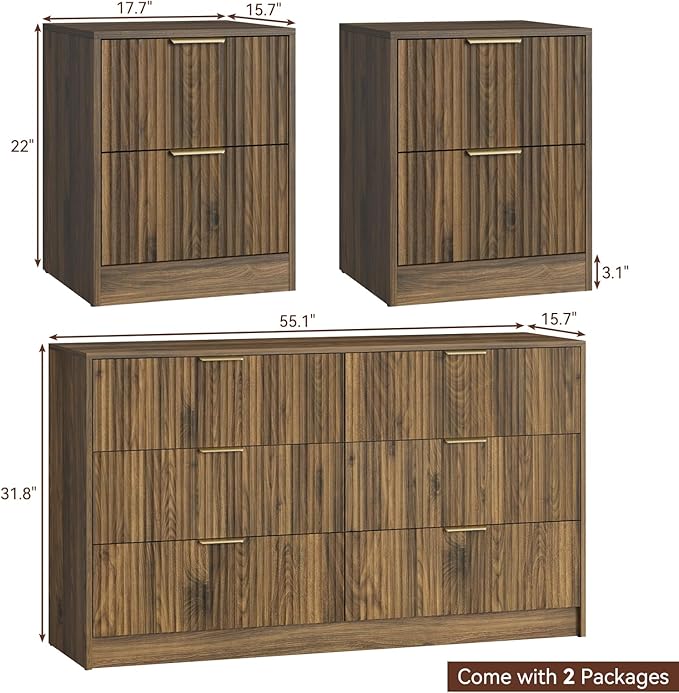 6 Drawer Dresser & Nightstand Set 3-Piece, 55” Wide Fluted Dresser and Night Stand Set of 2 with Metal Handle, Modern Wood Chest of Drawers Storage Dressers Set for Bedroom, Walnut