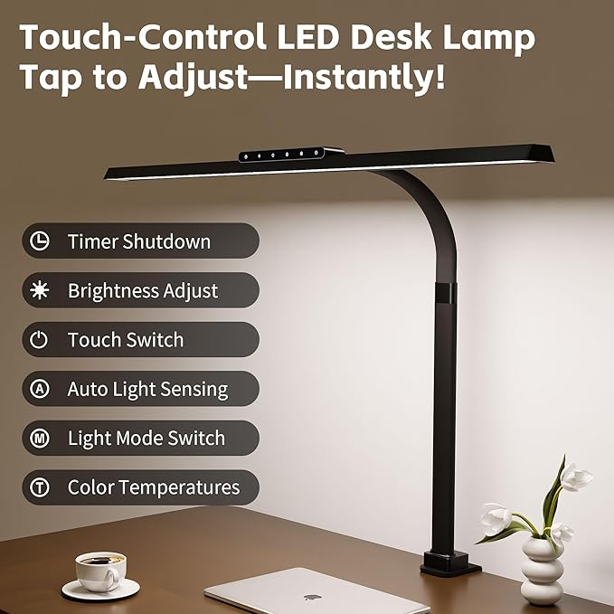 Desk Lamp with Clamp, LED Eye-Caring Clip on Desk Lights for Home Office, Tall Touch Control Dimmable Computer Light with Color Changing, 24W Brightest Architect Desktop Lamp for Screen, Black