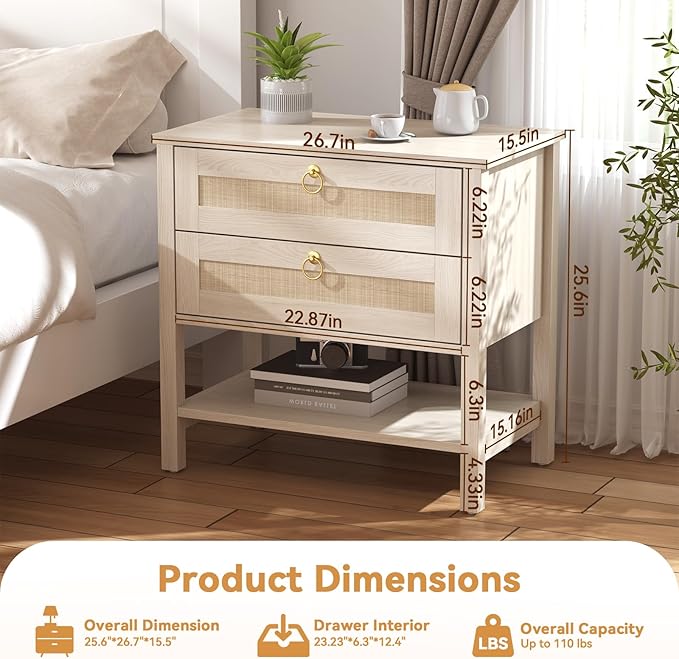 CMFYDAILY Wooden Nightstand Set of 2, Boho Side Tables with 2 Woven Rattan Drawers and Storage Shelf, Bedside Tables for Bedroom, or Home Office