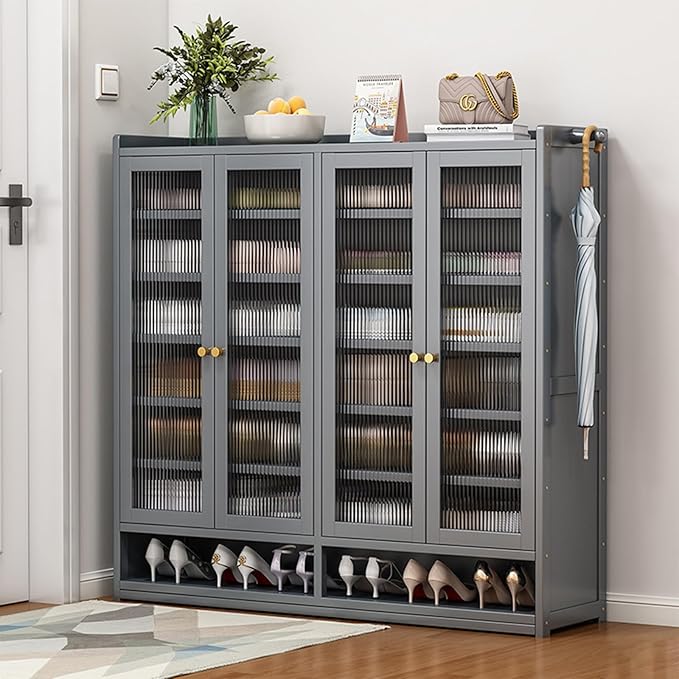 Bamboo Shoe Cabinet, 36-40 Pairs 8 Tier Shoe Rack with Doors, Freestangding Shoe Cabinet Organizer with Shelves, 43" Tall Shoe Rack Organizer for Entryway, Closet, Hallway