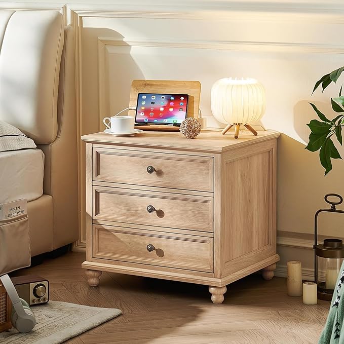 24" Wide Farmhouse Nightstand with Charging Station Set of 2, 45" Tall Rustic Chests of 5 Drawers w/ 4 Solid Wood Feet, Farmhouse Furniture Series for Living Room,Bedroom,Wood