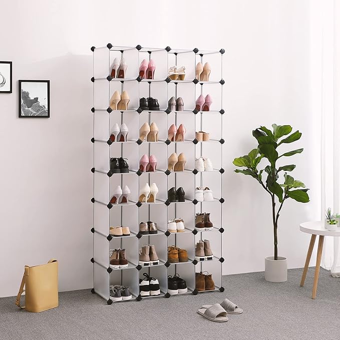 SONGMICS Shoe Rack with 32 Cubes, Interlocking Plastic Shoe Organizer, DIY Storage Cabinet for Closet Entryway Bedroom Garage, Space Saving Design, 13.9 x 35.1 x 54.5 Inches, Transparent ULPC48S
