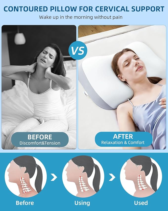 Sleep Pillow Ergonomic Contour Design Cooling Memory Foam Pillows for Neck Support, Side & Back Sleepers White Gray