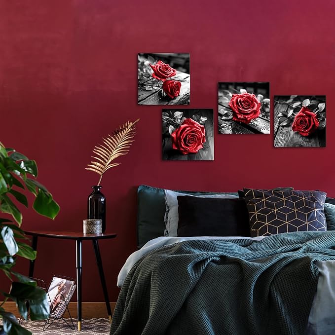 VANSEEING 4 Pieces Red and Black Rose Flower Canvas Wall Art Floral Pictures Prints Modern Romantic Artwork Wall Decor for Valentine's Day Living Room Bedroom 12x12inchx4Pcs