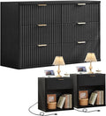 LEYAOYAO 48" Wide Fluted Dresser and 1 Drawers 23" Nightstand Set of 2, Wooden Dresser & Night Stand with Charging Station, 3 Piece Bedroom Furniture Set, Chest of Drawer for Living Room,Black