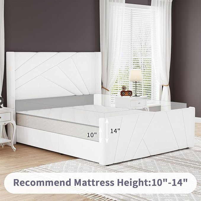 BarnFurin Queen Size Bed Frame, Velvet Upholstered Platform Bed with Geometric Tufted Headboard & Footboard, Wingback Design, Mattress Foundation with Wooden Slats, Cream White