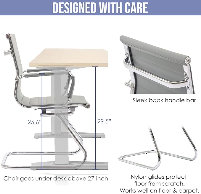 Wahson Office Guest Chairs Set of 4, Leather Reception Chairs, Mid Back Waiting Room Chair, Conference Chairs with Sled Base, Desk Chair No Wheels for Meeting/Lobby/Restroom, Grey