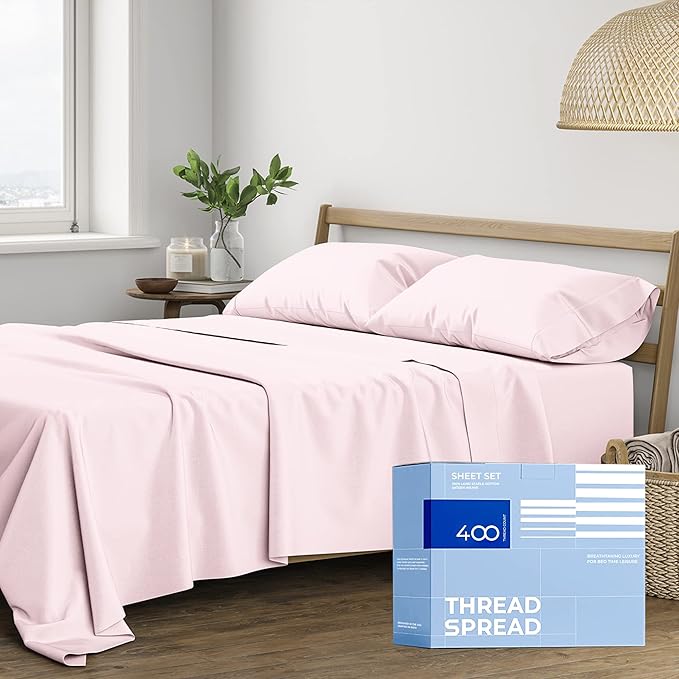 THREAD SPREAD 400 Thread Count California King Cotton Sheets - 4 PC Cal King Size Bed Sheet Set Cotton (Blush), Soft, Cooling, Sateen Weave Hotel-Quality 16" Deep Pocket Bedsheet for Hot Sleepers