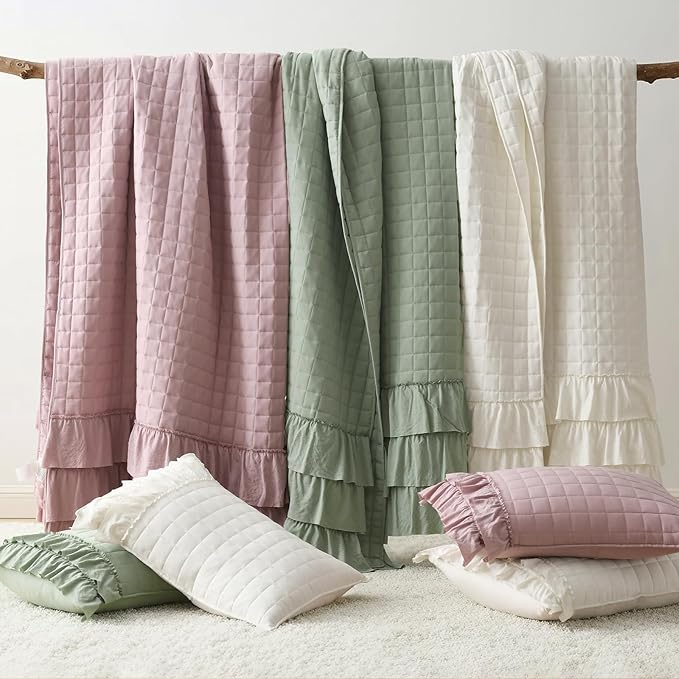 HORIMOTE HOME Asakusa Green Ruffled Quilt Set Twin Size, Geometric Square Stitched Pattern, Pre-Washed Farmhouse Shabby Chic Microfiber Lightweight Bedding Set Bedspread Coverlet for All Season