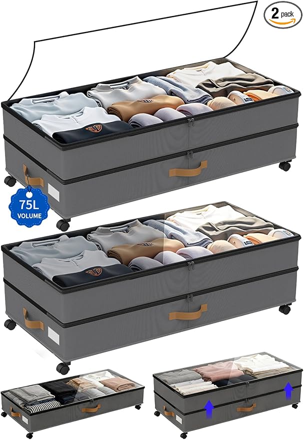 Under Bed Storage with Wheels 2-Pack, 75L XXL Under the Bed Storage Containers Large, 12" Tall Adjustable Storage for Underbed with Lids, Rolling for Clothes, Shoes, Blankets (Grey)