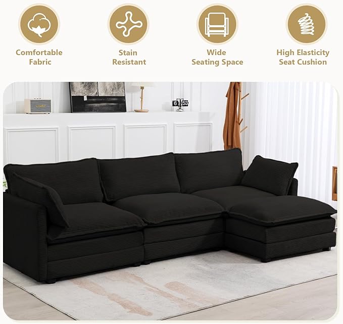 112'' Sectional Modular Cloud Couch, Oversized L Shaped 3 Seat Sofa with Movable Ottomans, 2 Throw Pillows, Upholstered Corduroy L Shape Comfy Deep Couches for Living Room and Office, Black