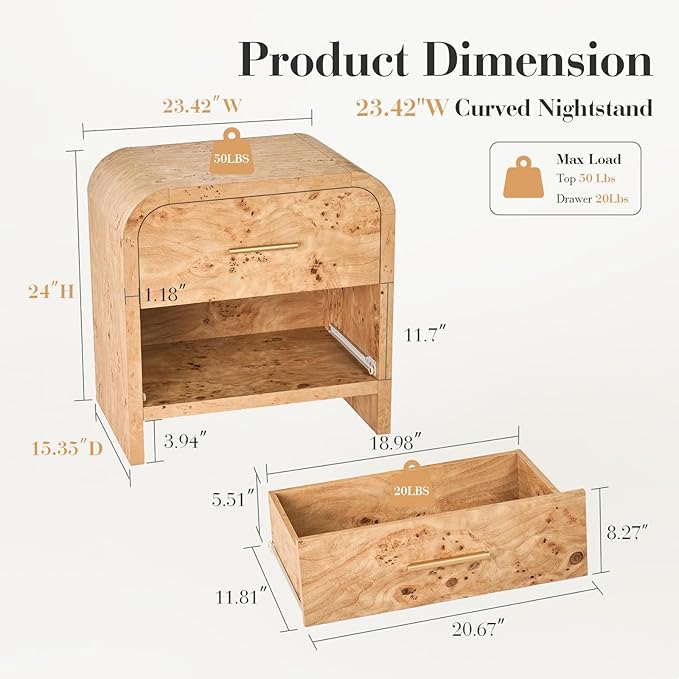 Night Stand [Unique Curved Profile] [FSC-Certified Wooden Board] 2-Drawer Nightstand 24" H Metal Handle Modern Sturdy Bedside Table Side Table End Table