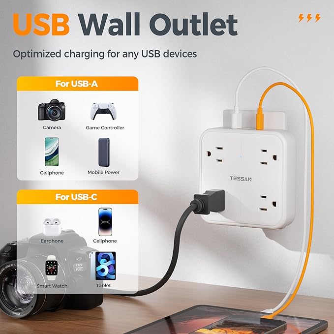 Surge Protector Outlet Extender, TESSAN Multi Plug Adapter with 4 Outlet Splitter and 3 USB (1 USB C), Multiple Plug Expander for Home Office Dorm Room Essentials