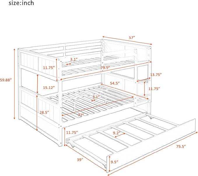 Upgraded Version Best Full Over Full Bunk Bed with Trundle, Thicken Solid Wood Full Size Bunk Bed, Bunkbed Frame Full Over Full, Convertible to 2 Beds, Easy Assembly for Adults (Grey)