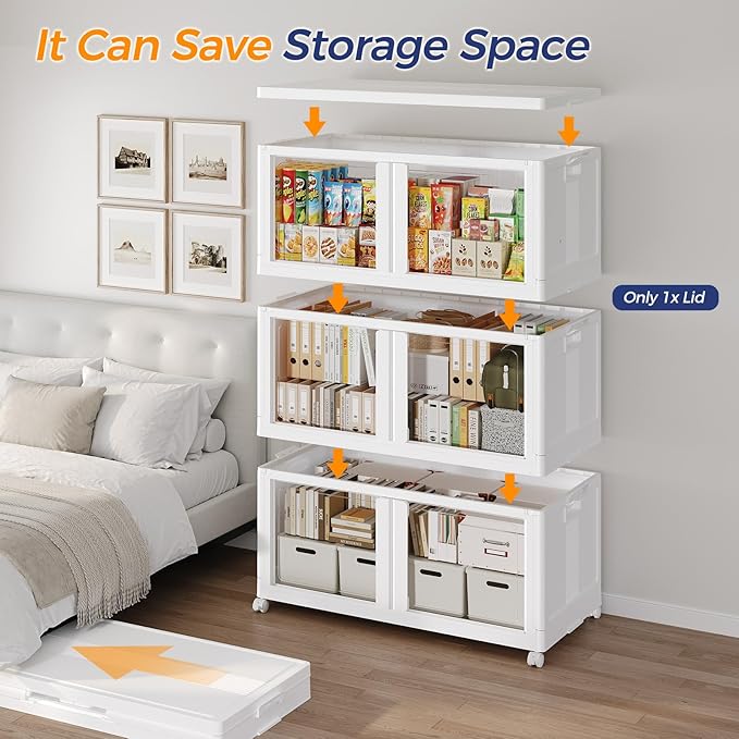 150GAL Large Stackable Storage Bins with Lid and Wheels, 600Qt Collapsible Organizer Cabinet with Clear Door, for Closet, Bedroom, Kitchen, Garage, 5-Pack White