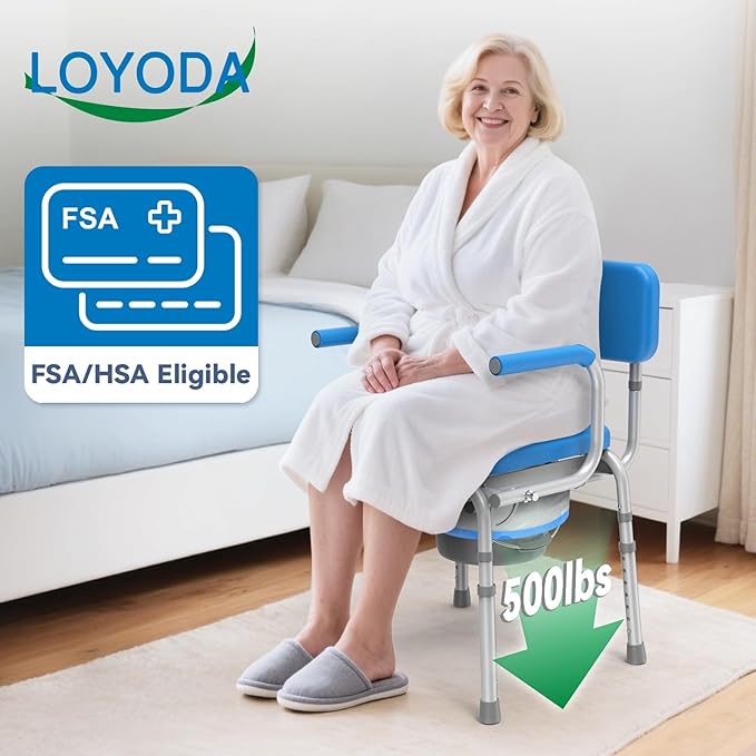 Drop Arm Bedside Commode with Linners, Commode with Padded Seat and Backrest, 500lbs Capacity, 5.81QT Removable Bucket, Adjustable Height Portable Toilet for Adults, Blue
