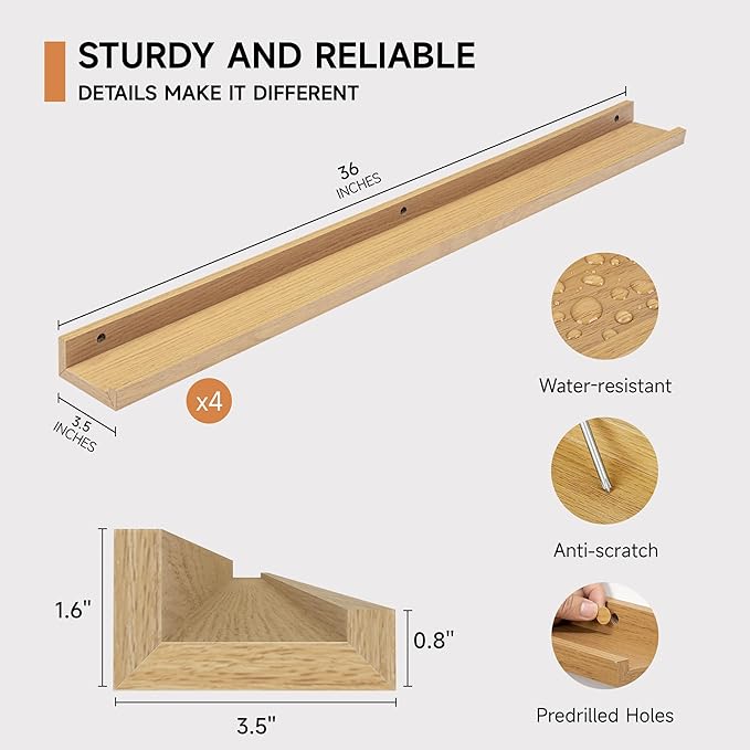 Fun Memories Picture Ledge Shelf for Wall, Floating Shelves Set of 4, 36 Inch Long Nursery Book Shelves for Toys Storage, Kids Bookshelf Wall Mounted for Books Photo Frames, Oak