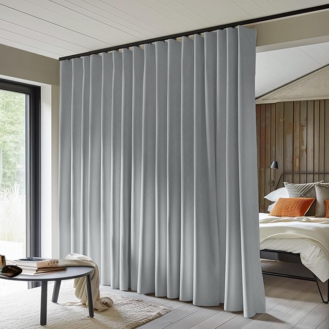 Room Divider Curtains Total Blackout Privacy Curtain Panel Room Thermal Insulated Noise Reduction Curtains for Bedroom Window Living Room Ceiling Track Curtain W 12.5 ft × H 7 ft Grey