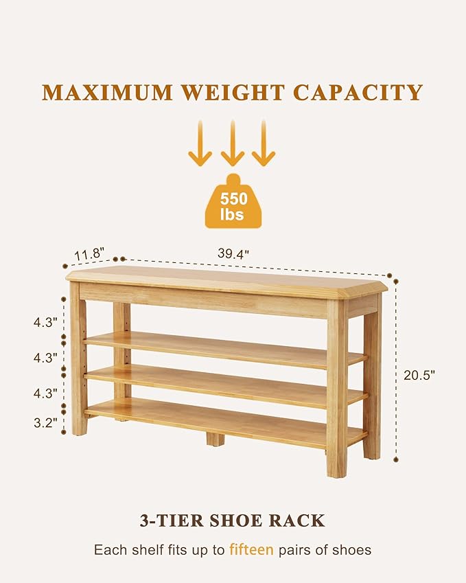 Shoe Rack Bench Seat Rubberwood 3-Tier Wooden Storage Bench 550lbs Compact Mid-Century Modern Design for Entryway, Hallway, Closet, Front Door Entrance, Foyer